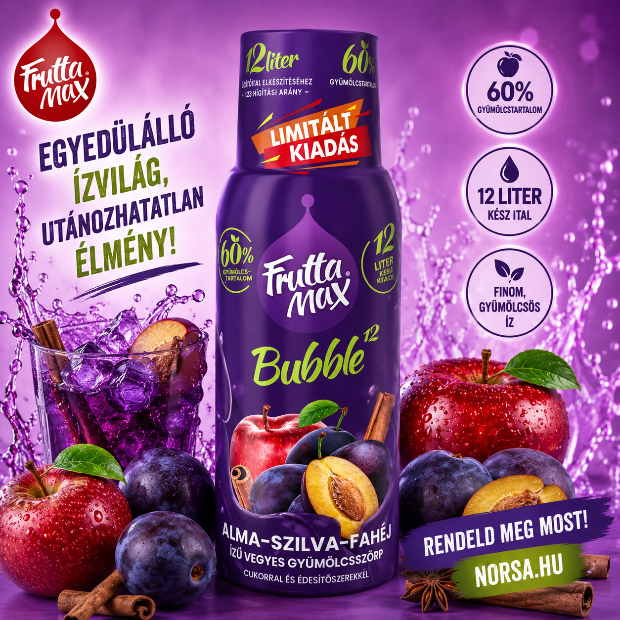 Alma-szilva-fahéj ízű gyümölcsszörp